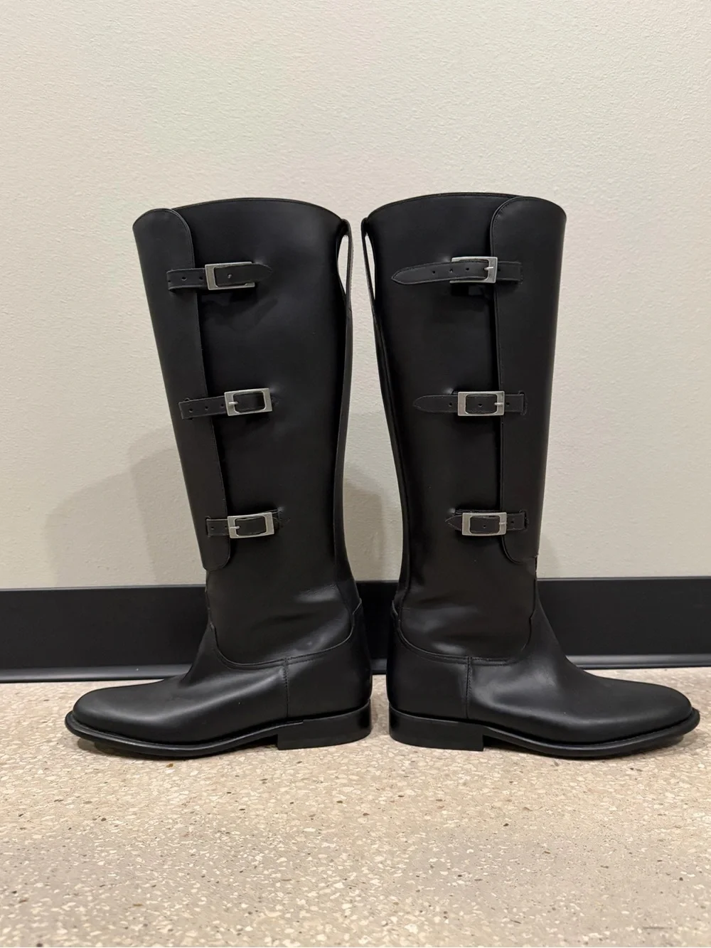 Lucchese Bruna black leather riding boots three buckle straps new never worn